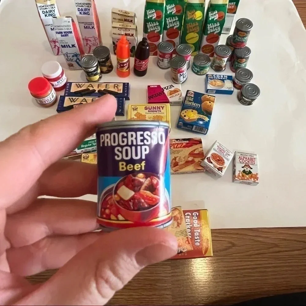 Lot 45 Vtg Pretend Play Food Mini Boxes Cans Coca Cola Progreso Milk Pizza Pasta